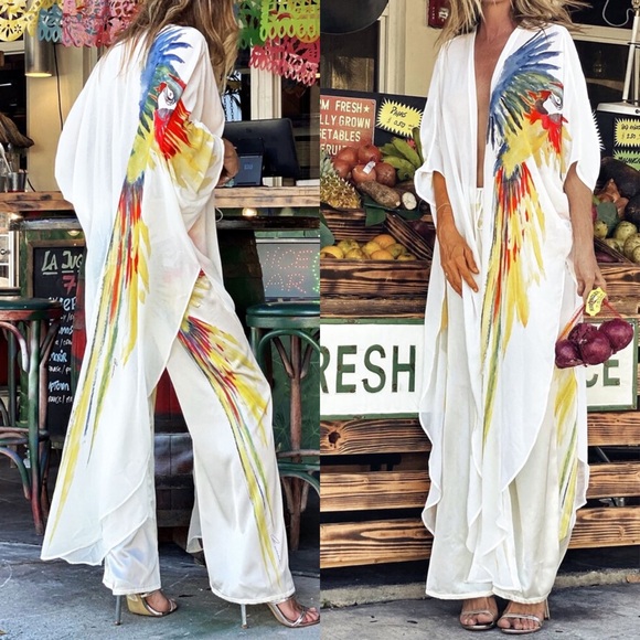 🌴 BOHO TROPICAL MULTI LOOSE FIT TUNIC TOP/CAPE + PANTS! - Picture 2 of 5